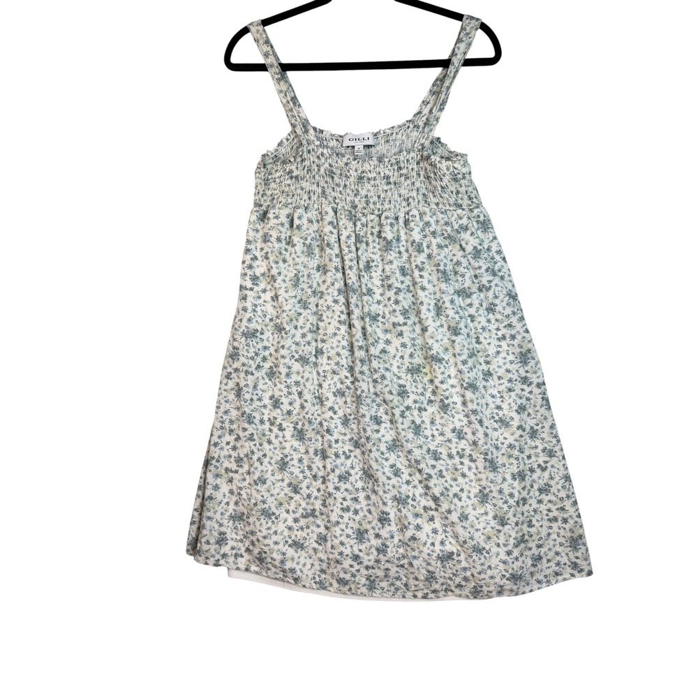 Gilli Womens Smocked Floral Mini Dress Blue Green Sleeveless Lined Size M